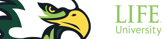 The Life University athletic eagle head logo and the Life University logo