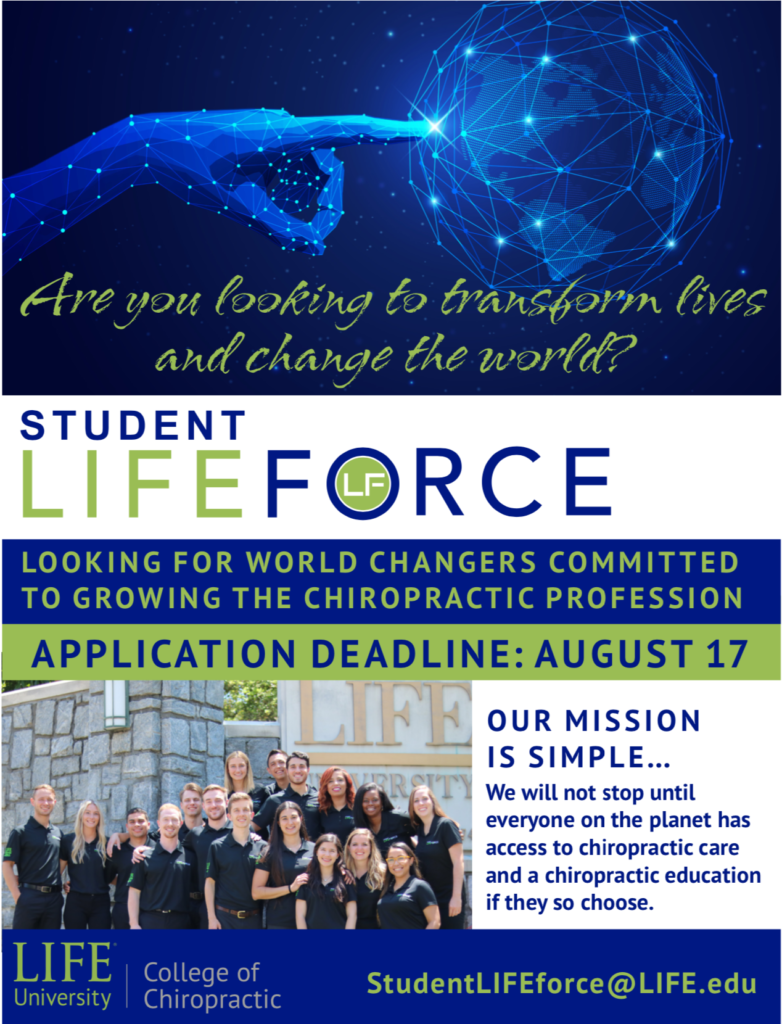 Dieser Flyer soll für die Organisation Student LIFEforce werben und auf die Bewerbungsfrist am 17. August 2019 hinweisen. Wer sich bewerben möchte, sollte eine E-Mail an StudentLIFEforce@LIFE.edu schicken.