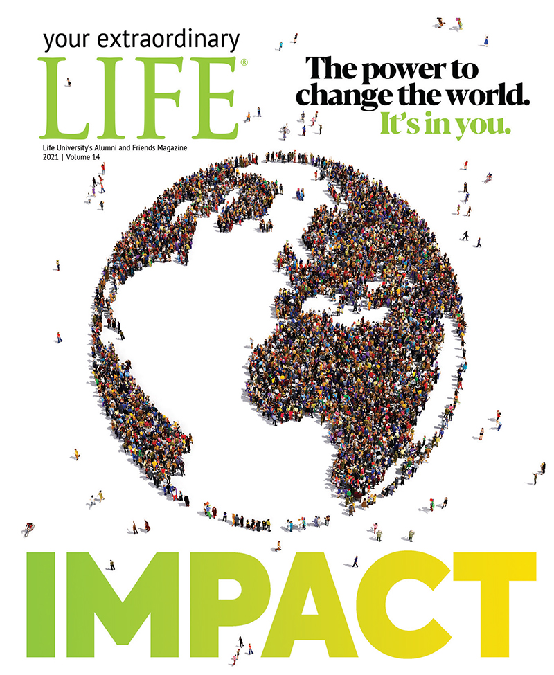 This is a picture of the cover of Life University's annual alumni and friends magazine. It features an image of Life University's Bell Tower and campus greens. There is a message in the center with LIFE's philosophy of Vitalism defined as it relates to the 2020 issue theme of LIFE's ability to adapt.